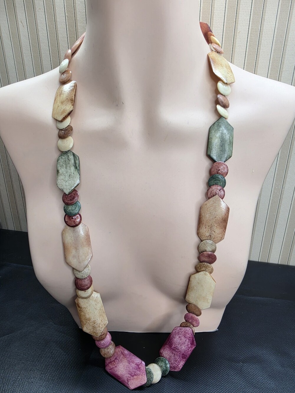Artisan Carved Bone Statement Necklace 32" Natural Tribal Boho Jewelry